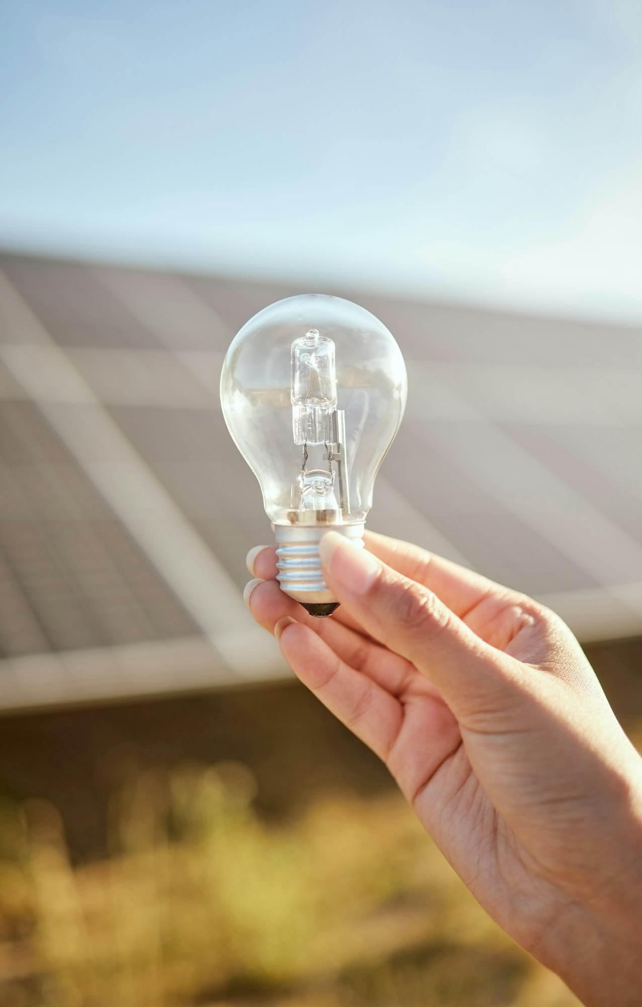 Mockup of hand with light bulb for solar energy in nature, sustainability for green change and clea